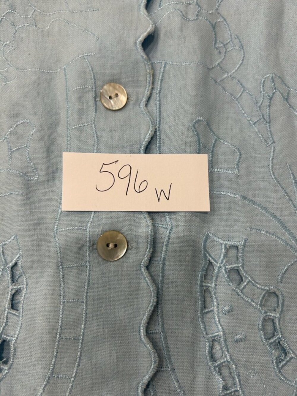 Susan Graver Style Light Blue Button-Front Blouse L Back Design Cutout Country - Picture 8 of 9